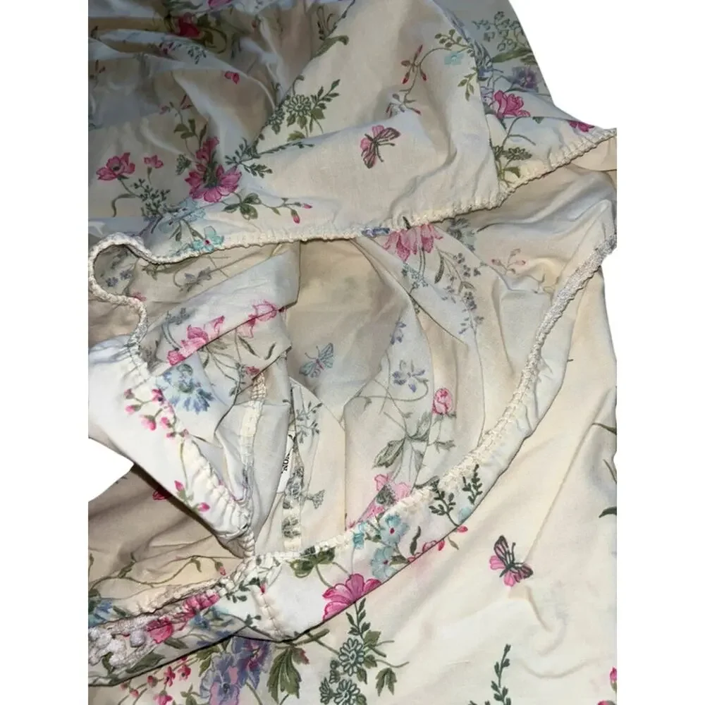 Vtg Cannon Cottagecore twin Sheet Set Garden Country Rose Floral White Pink
